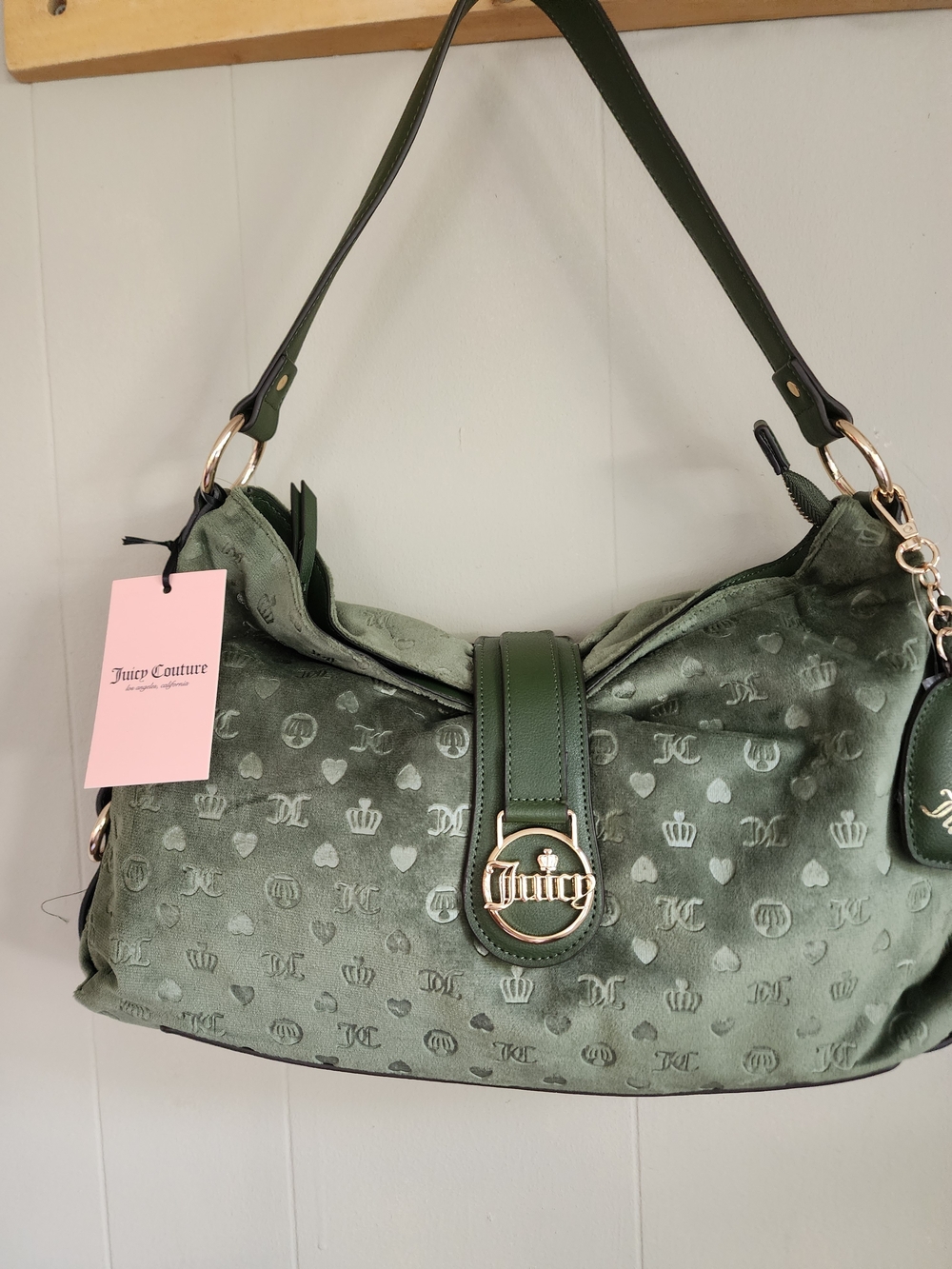Juicy Couture Olive Green Velvet Shoulder Bag with Gold Logo
